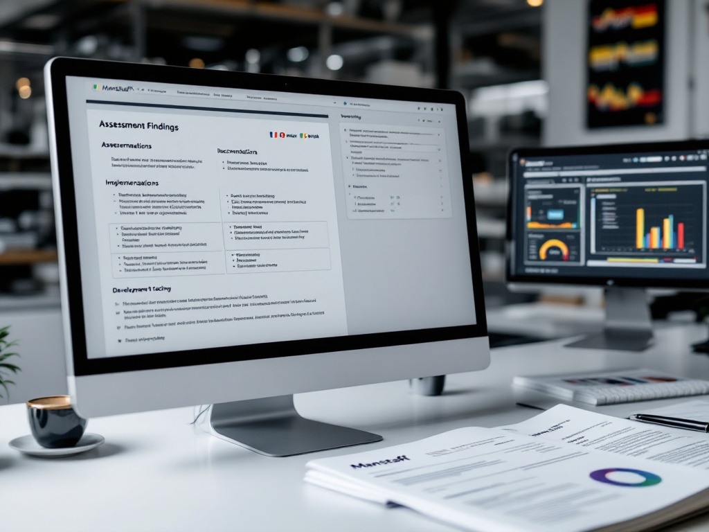 Manufacturing assessment documentation displaying systematic report generation with multilingual delivery formats. Framework shows structured findings presentation with clear recommendations and implementation guidance in English, Italian, and Romanian through established quality-assured channels.