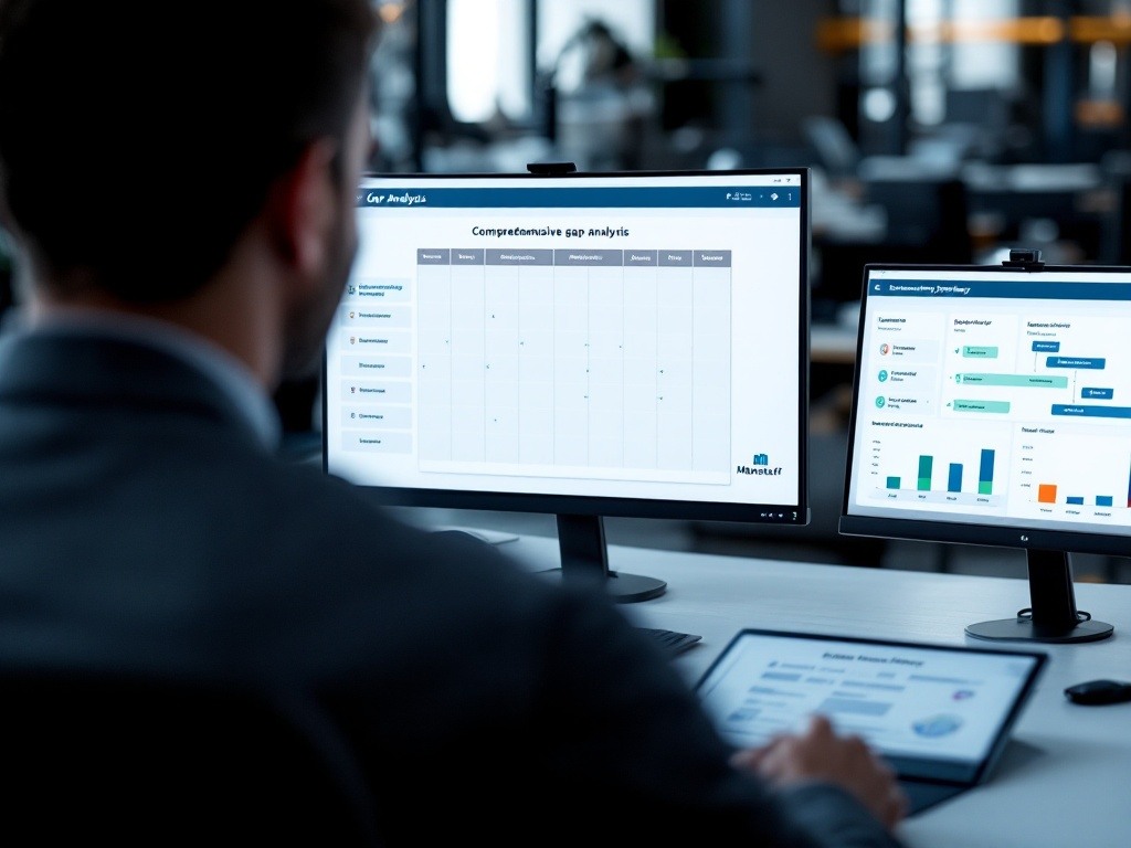 Manufacturing gap analysis displaying systematic evaluation methodology with clear development prioritization framework. Framework shows structured analysis tools highlighting skill gaps, priority rankings, and improvement pathways through established verification protocols.