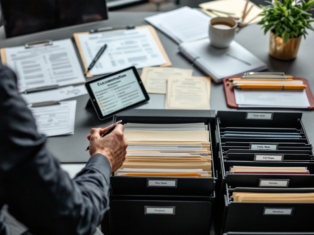 Organized documentation system showing structured folders and essential paperwork, representing Manstaff's systematic approach to providing clear guidance on registration and documentation requirements