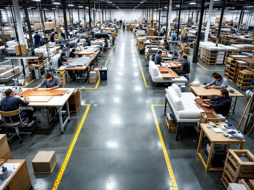 Manufacturing floor showing sewing stations, upholstery benches, and frame assembly areas. Modern equipment, yellow safety paths, proper lighting. CCTV view.