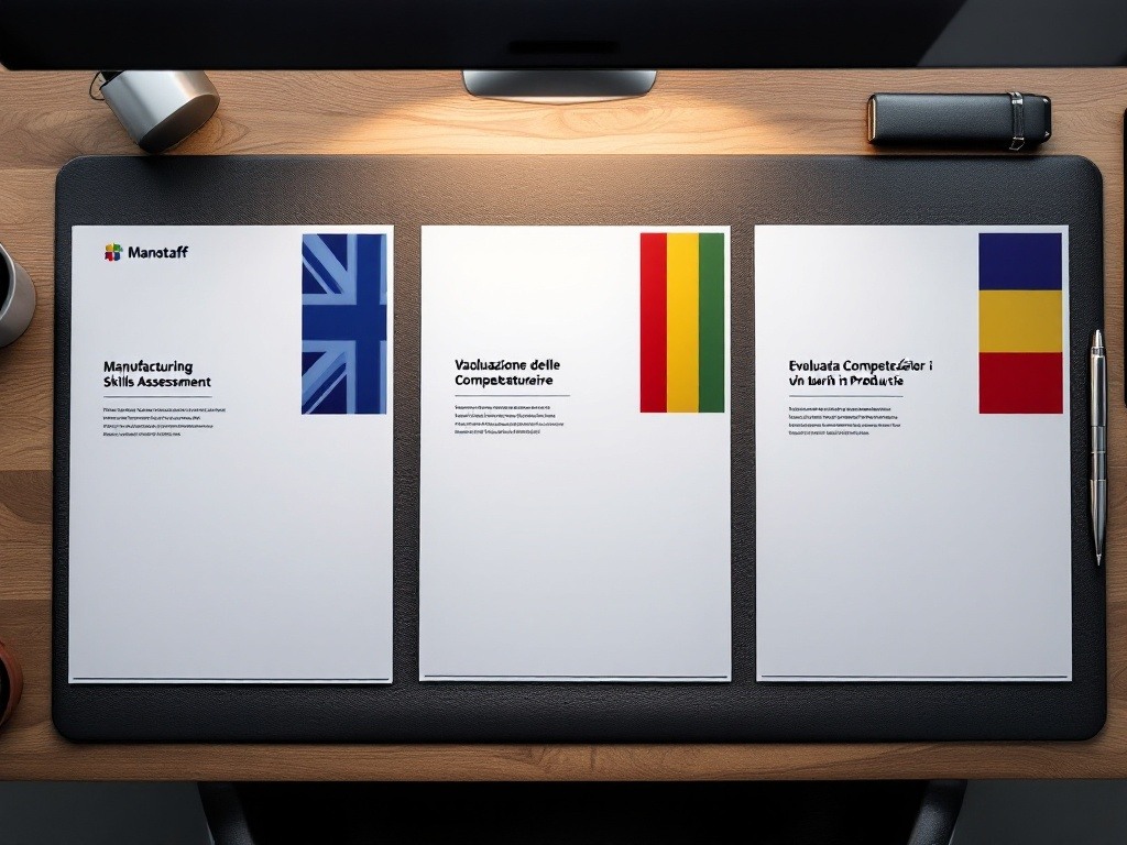 Manufacturing HR documentation displaying systematic multilingual report presentation with clear national flags representing English, Italian, and Romanian translations. Framework ensures precise communication through established quality-assured channels.