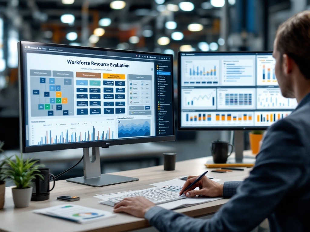 Manufacturing workforce analysis displaying systematic capacity evaluation with shift pattern mapping and resource allocation charts. Framework shows structured assessment of production requirements, operational coverage needs, and efficiency metrics through established verification protocols.