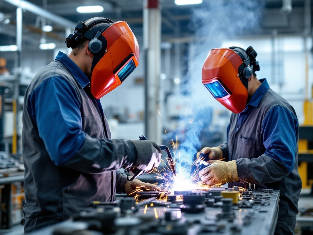 Two welders demonstrating technical competency through hands-on welding operation. Image showcases Manstaff's comprehensive skills verification in client's manufacturing environment.