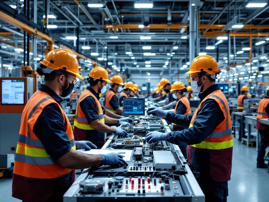 Manufacturing operators working on technical production line, demonstrating precision assembly processes. The image showcases Manstaff's short-term project recruitment capabilities in skilled manufacturing environments.