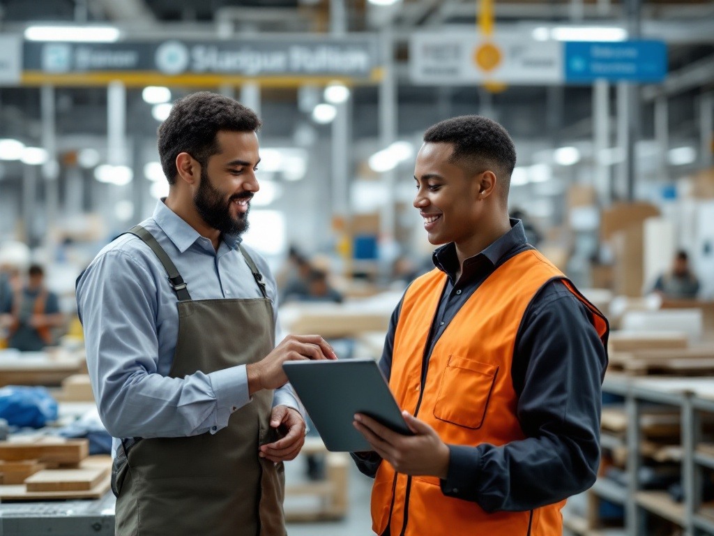 Recruitment coordinator providing on-site support to manufacturing candidate during shop floor discussion, demonstrating Manstaff's enhanced operational support for clients with 50+ temporary workers. Image illustrates our hands-on coordination approach with multilingual communication capabilities.