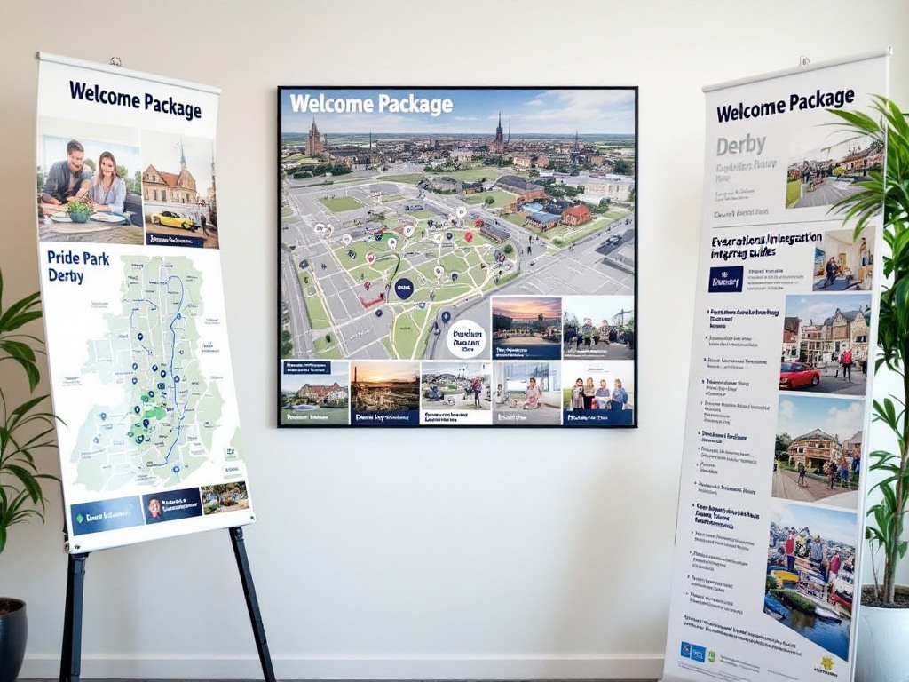 Comprehensive local area information display featuring maps, essential service locations, and community resource posters, illustrating Manstaff's systematic approach to area orientation support