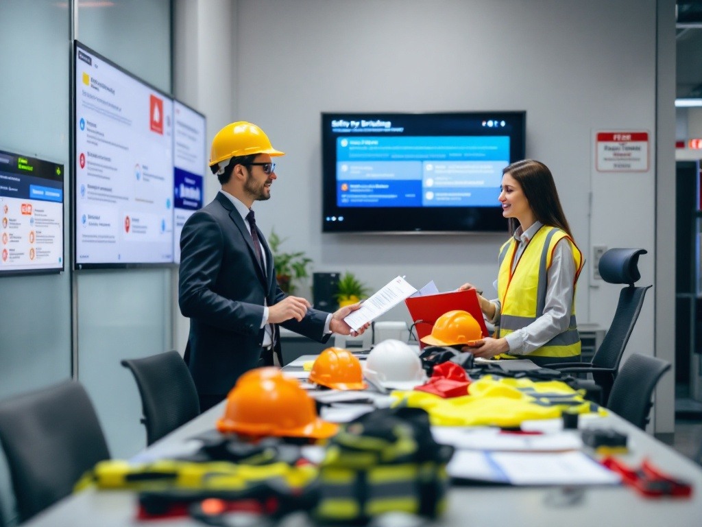 Account manager conducting safety briefing with candidate in dedicated training room, surrounded by PPE displays and safety equipment