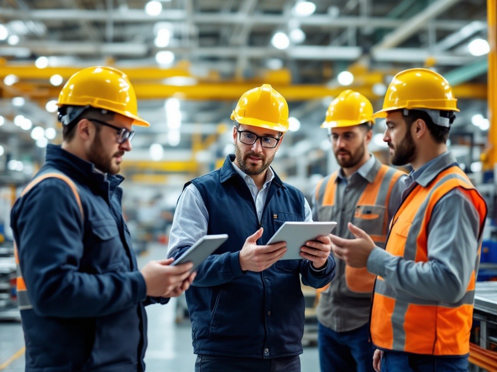 Manufacturing leadership team in action: Two shift managers and two supervisors engaged in production floor discussion, demonstrating professional manufacturing hierarchy and operational oversight. The image reflects Manstaff's expertise in permanent leadership recruitment for manufacturing environments.