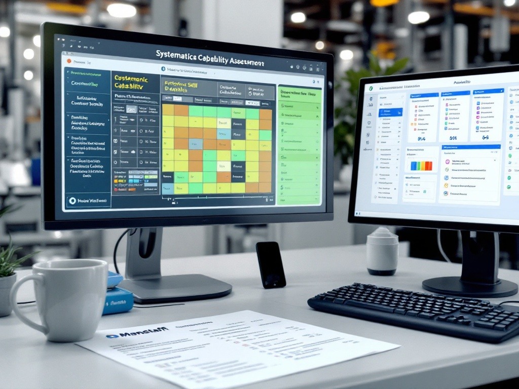 Manufacturing competency evaluation displaying systematic data gathering through structured skill verification process. Framework shows detailed capability documentation with technical proficiency records and performance monitoring charts in English, Italian, and Romanian formats.