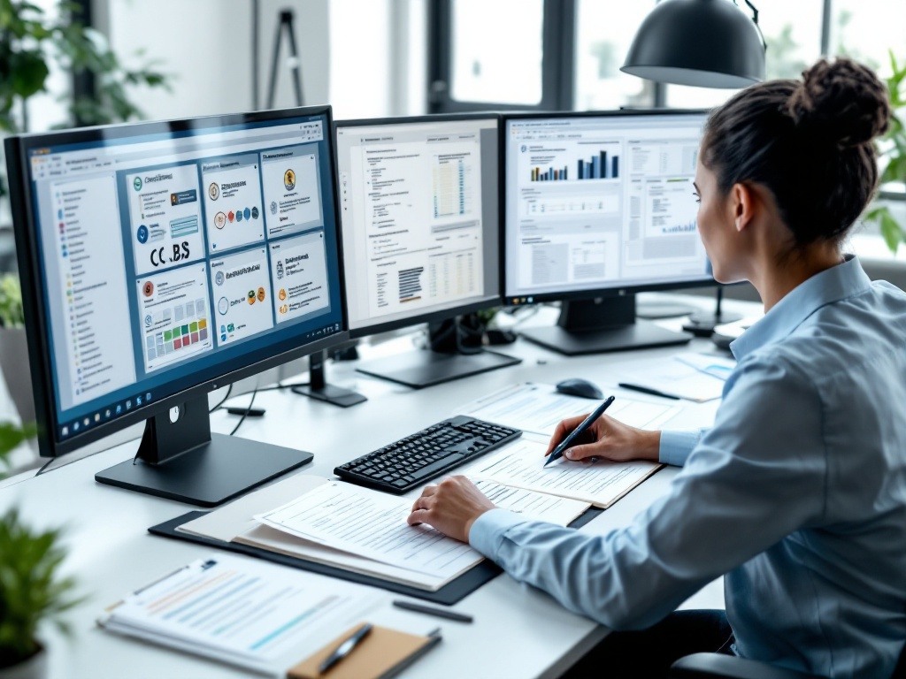 Account manager conducting thorough documentation review at workstation, simultaneously assessing digital records on computer screen and physical files on desk. Image demonstrates Manstaff's rigorous approach to monthly, quarterly, and annual performance monitoring with comprehensive audit trails.