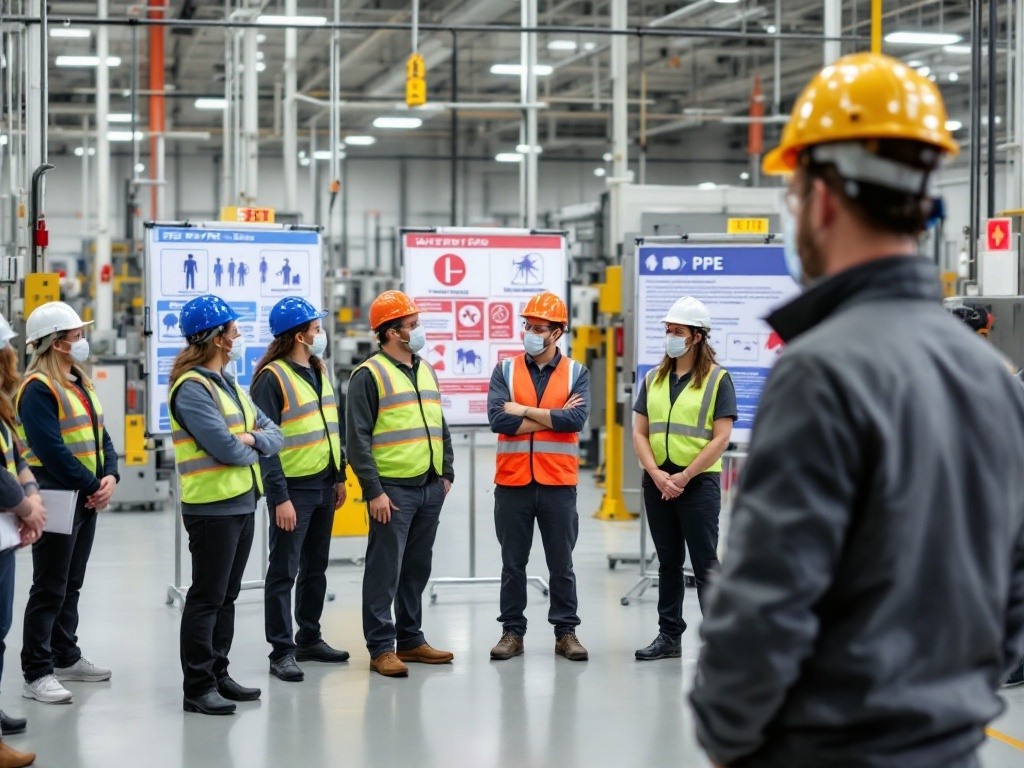 Manufacturing team participating in safety protocol briefing on production floor, with supervisor demonstrating PPE requirements and emergency procedures. Image illustrates Manstaff's multilingual safety compliance approach in client's manufacturing environment.