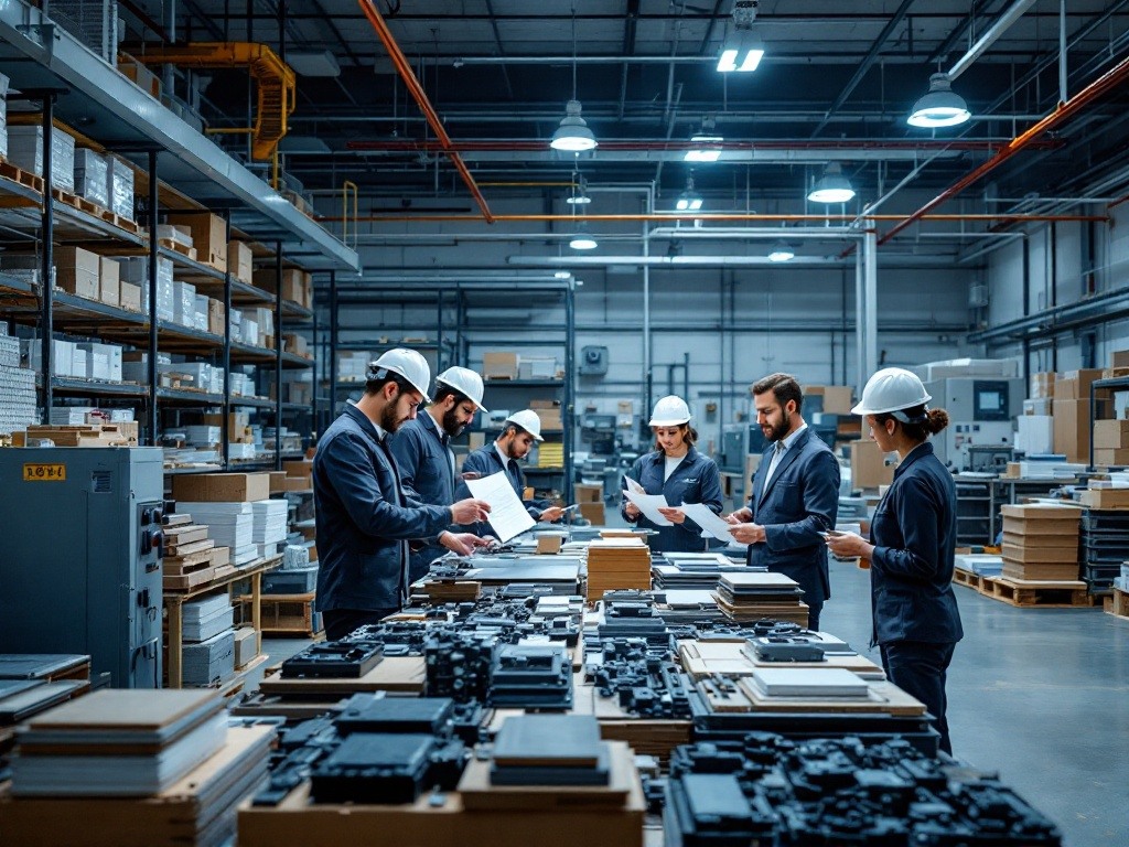 Manufacturing candidates demonstrating material selection competency in storage facility, evaluating raw materials and components according to production specifications. Image showcases Manstaff's thorough process understanding verification in client's manufacturing environment.