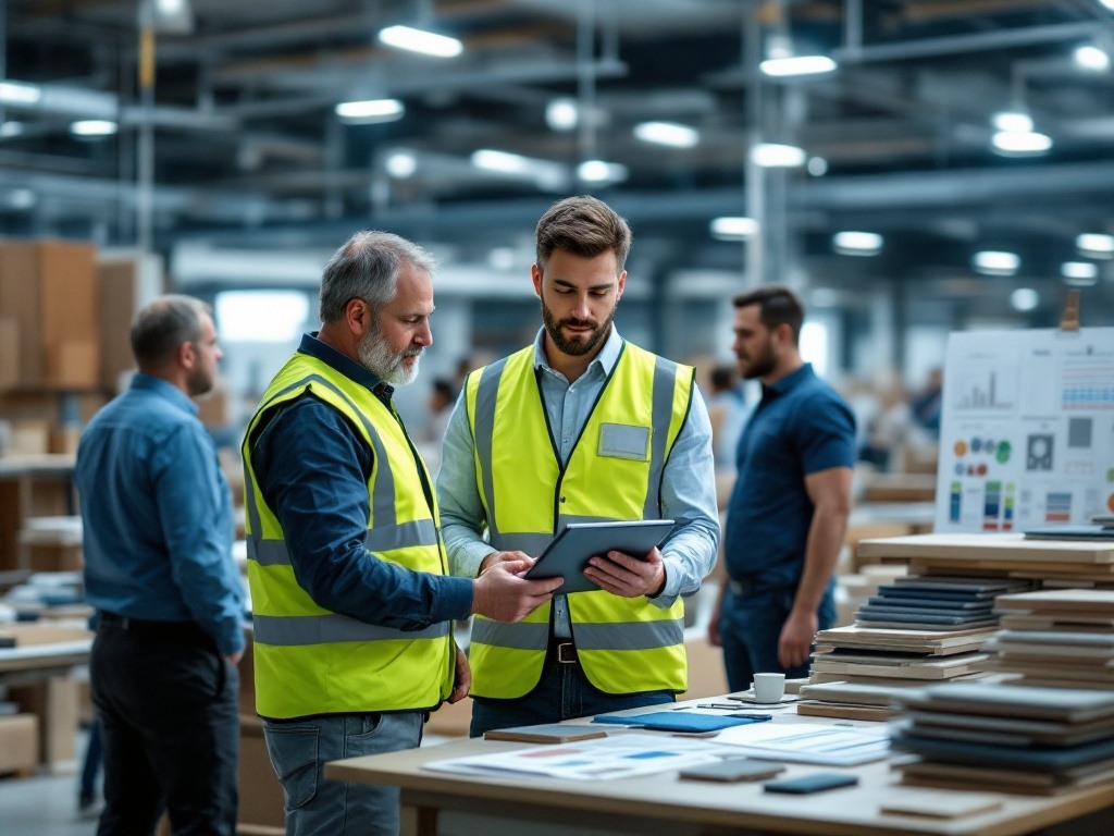 Two parallel workplace conversations: candidate discussing with supervisor while Manstaff account manager engages with client manager in manufacturing environment. Image demonstrates our multilingual communication support and effective stakeholder engagement.