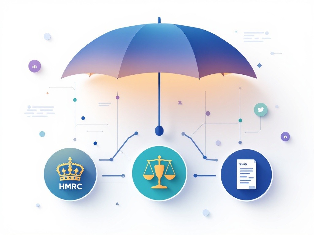 Professional illustration showing FCSA-accredited umbrella protecting three key elements: HMRC crown representing statutory compliance, balanced scales showing equal pay requirements, and digital payslip icon, with satisfied worker symbol below. Image demonstrates Manstaff's compliant payroll framework managing employer contributions (30.07%) including NI, Holiday Pay, and Pension